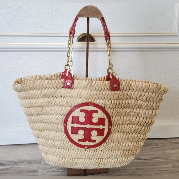 Tory Burch - EUC - Audrey Straw Woven Tote with Red Accents - Like New - Picture 13 of 13